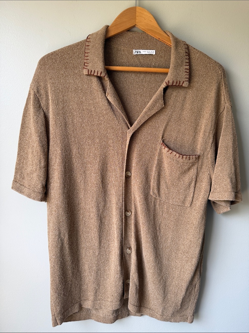 ZARA Tan Brown Short-Sleeve Button-Down Knit Shirt size M